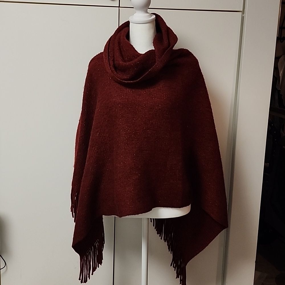 Chico's Cowl Neck Poncho Sweater Cozy Stripe Dark Red Burgundy holiday sparkle